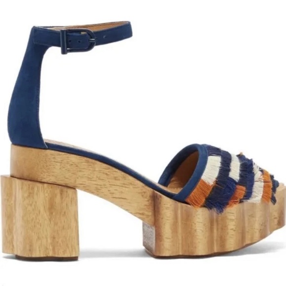 Tory Burch Shoes - Tory Burch ALMA PLATFORM WOODEN Navy, Orange, and White Sandals, Size : 8.5